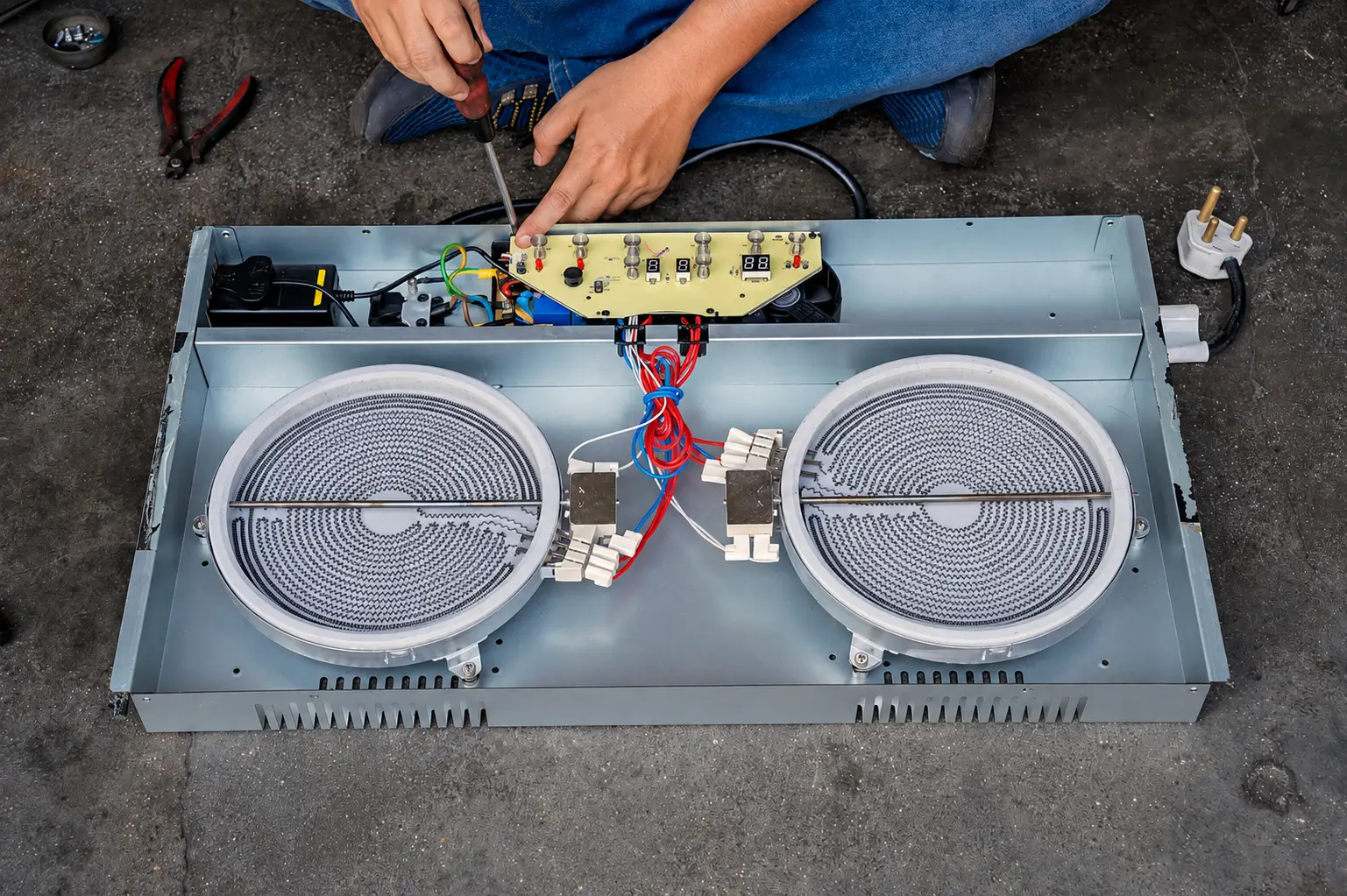 Professional electric cooktop repair and service technician performing maintenance on an open electric cooktop.