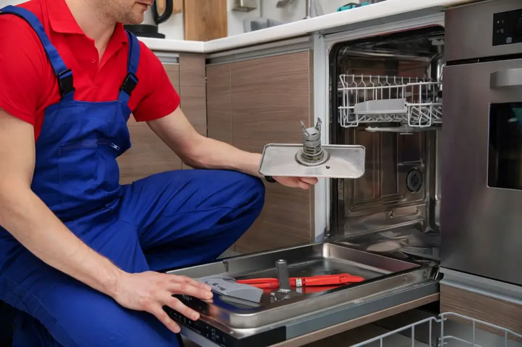 Dishwasher repair technician crouching next to an open dishwasher during an inspection.