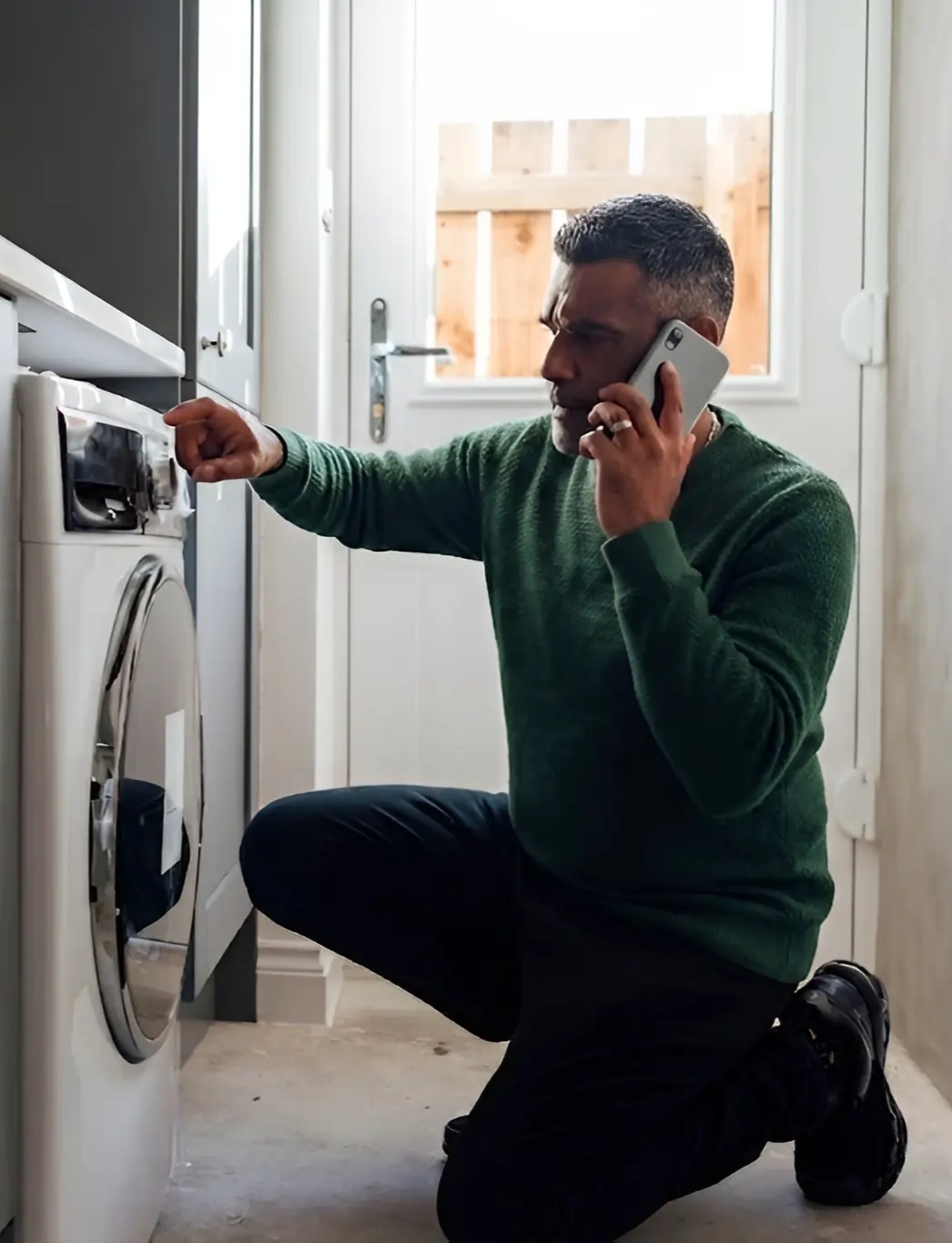 A man in a kitchen, calling a technician while pointing at the control panel of a front-loading washing machine.