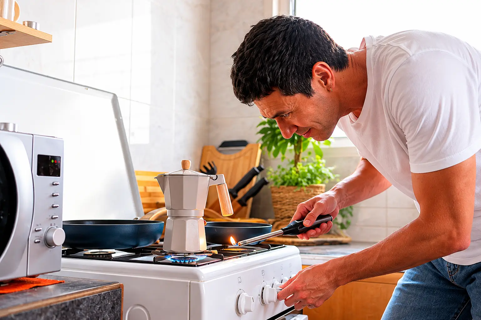 Man lighting a white gas stove in a modern kitchen, adjusting the burner knob