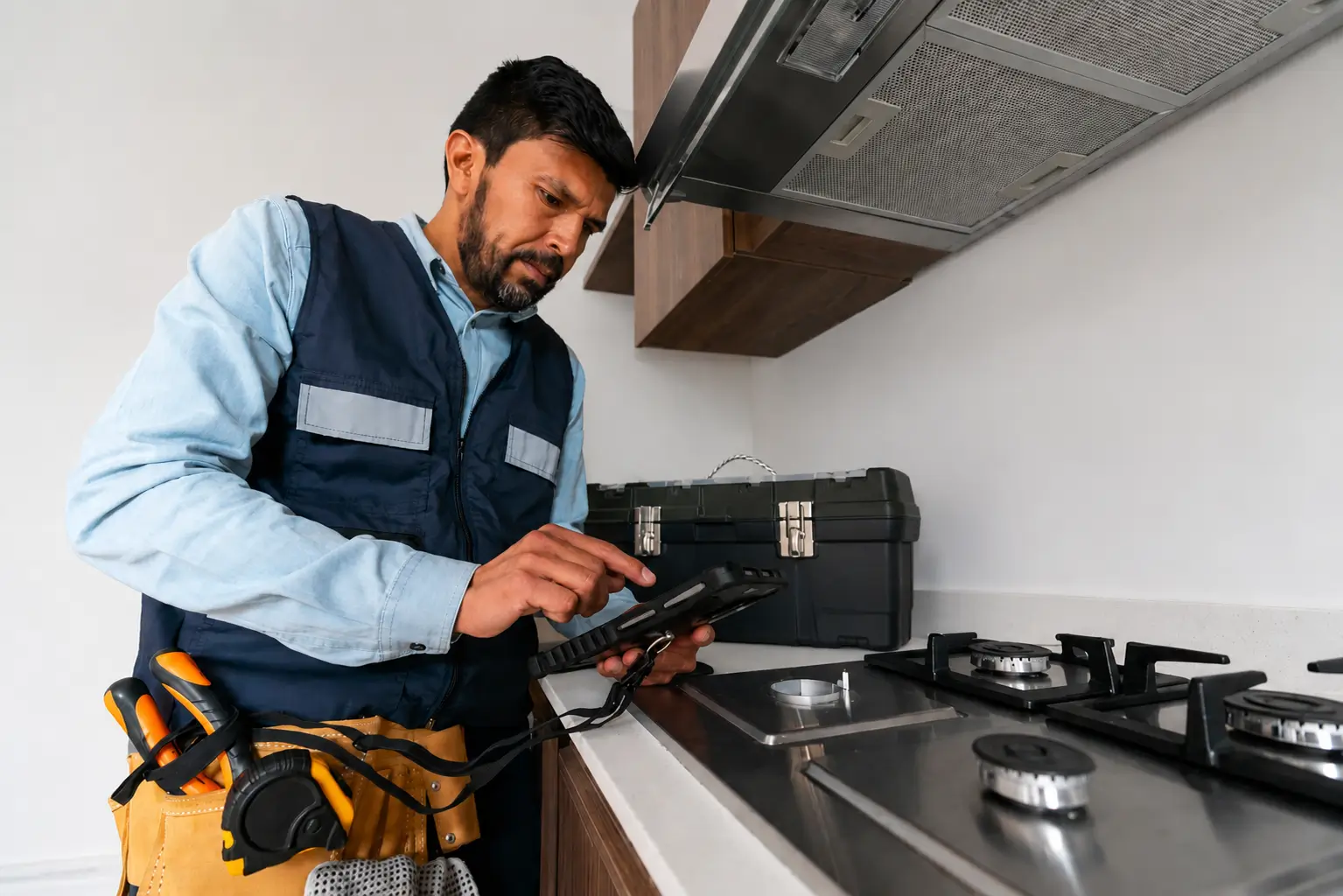 Technician inspecting and performing repair on a modern gas cooktop in using professional diagnostic equipment.