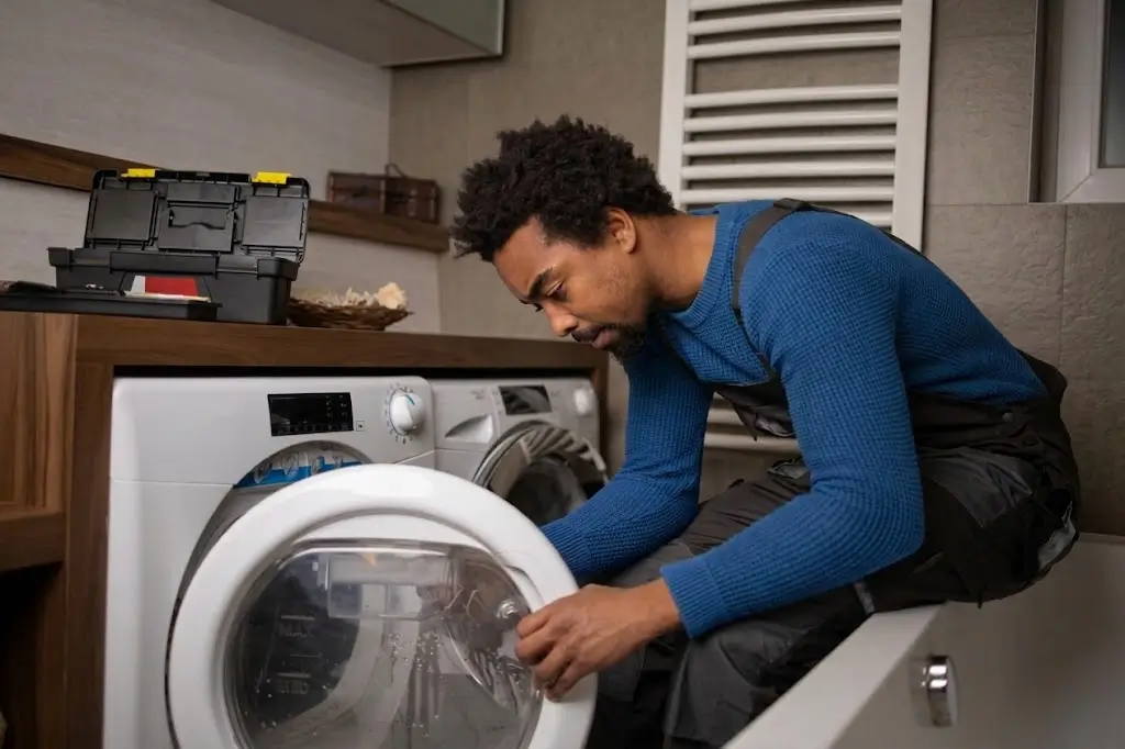 Expert Fasteny Appliance Repair technician providing professional Washer Repair service in a modern laundry room, inspecting and repairing a washing machine.