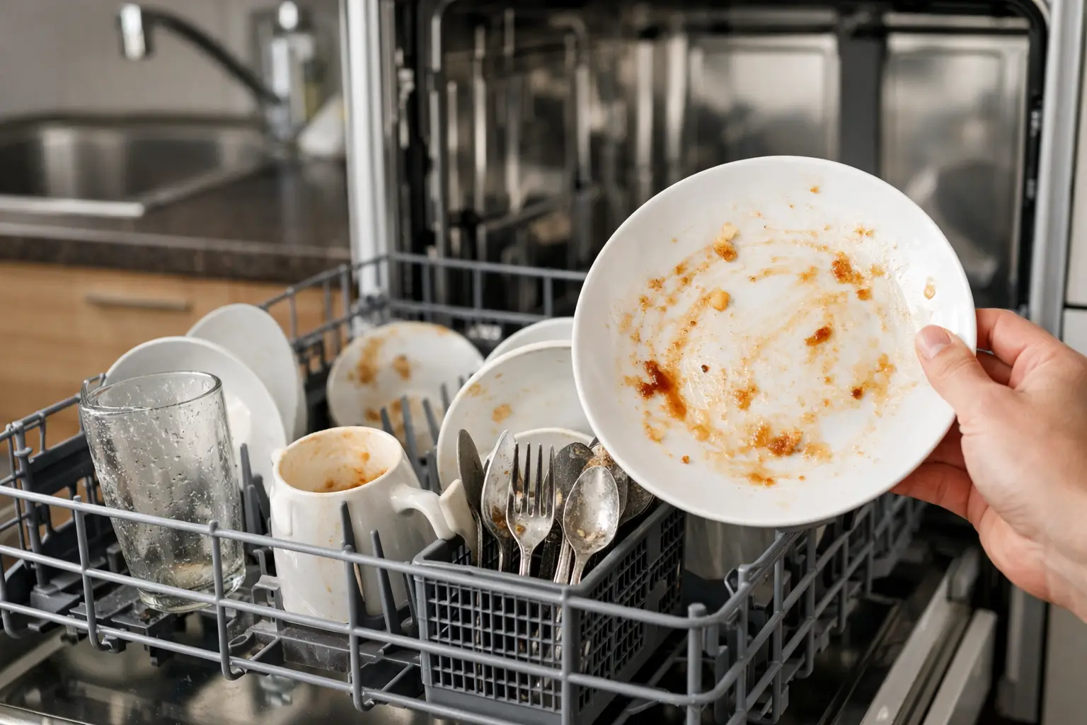 Dirty dishes and cloudy glasses left in a dishwasher that is not cleaning properly