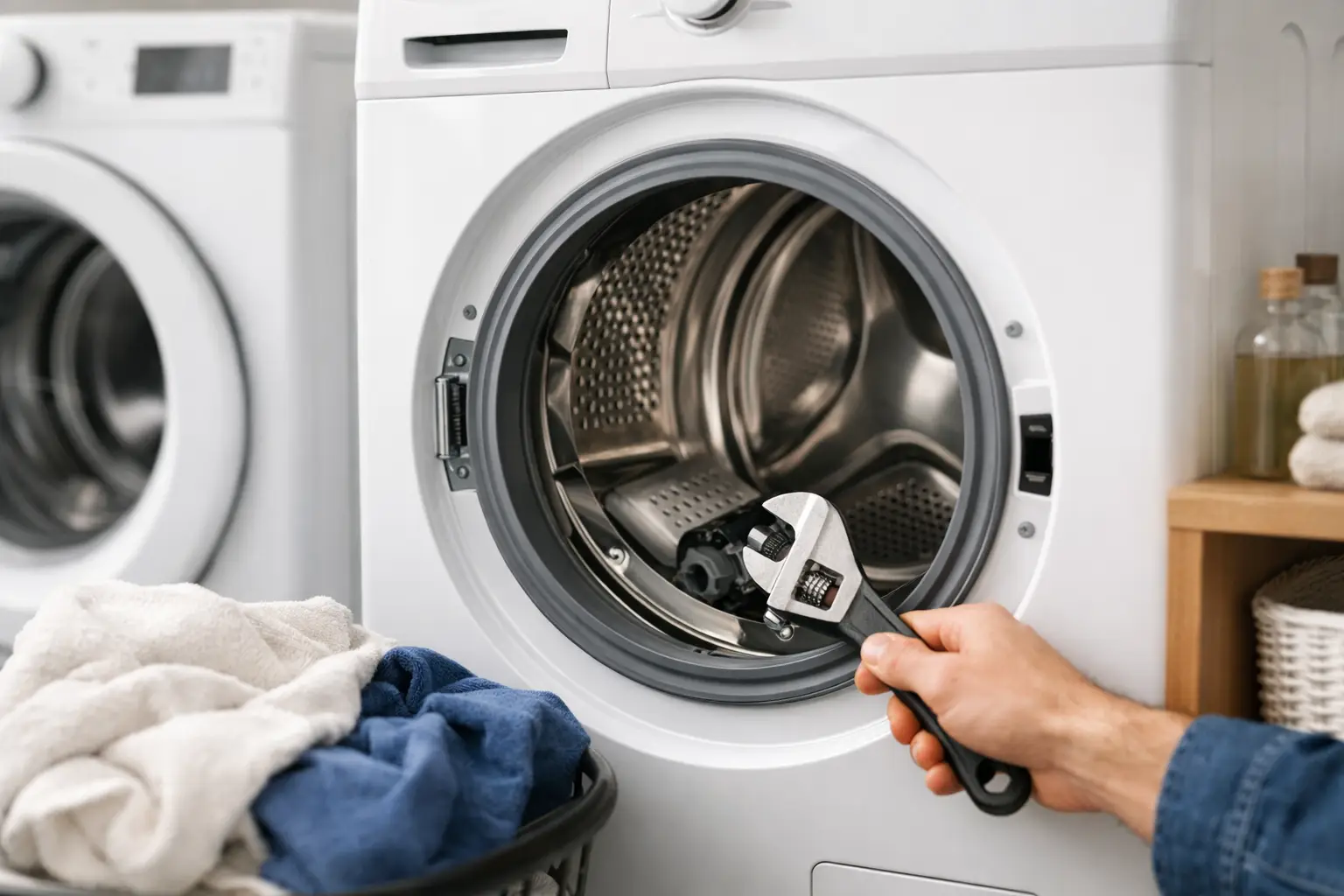 Technician inspecting the drum of a squeaking dryer during a repair